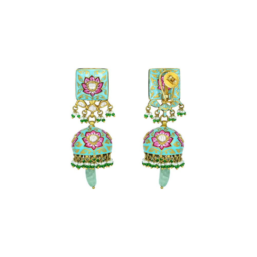 Lotus Enamel Jhumkas with Polkis and Russian Emerald Drops